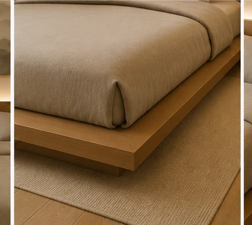 کلوزآپ پلتفرم چوبی و بافت پارچهای Zen Bed